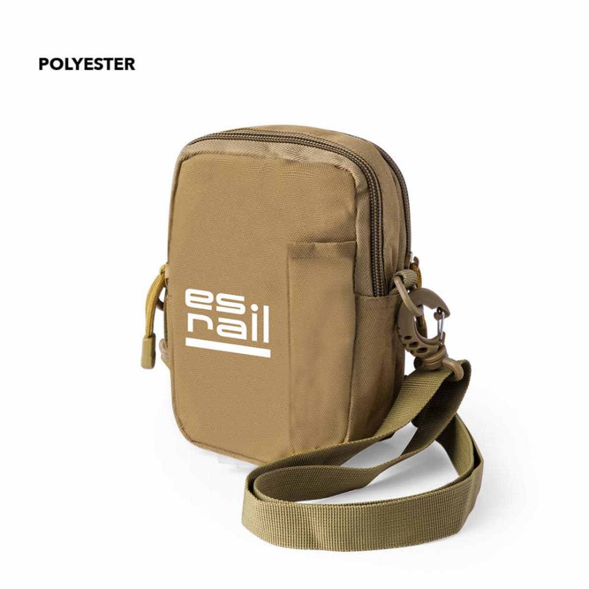 Tan crossbody bag with a zipper, side pocket, and adjustable strap.