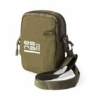 Olive green crossbody bag with zipper and shoulder strap, featuring a side clasp and small pocket.