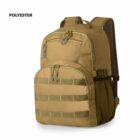 Tan backpack with multiple compartments and the word POLYESTER in the top left corner.