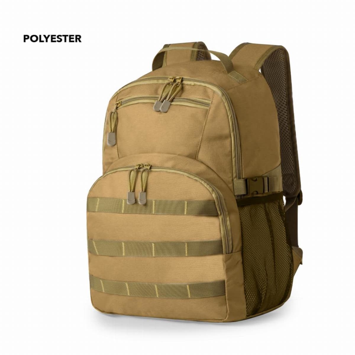 Tan backpack with multiple compartments and the word POLYESTER in the top left corner.