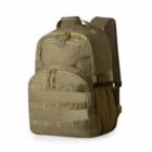Olive green backpack with multiple compartments and side mesh pocket.
