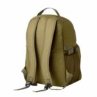 A khaki backpack with padded shoulder straps and mesh side pockets, viewed from the back.