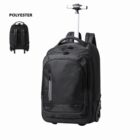 Black polyester rolling backpack with telescopic handle and multiple compartments.