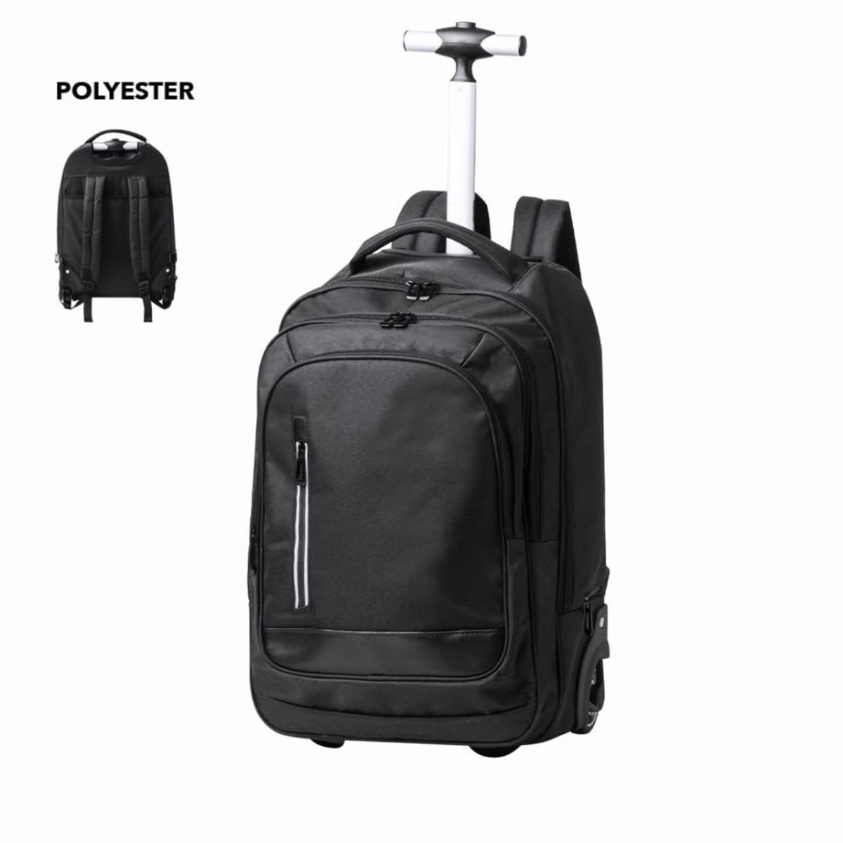 Black polyester rolling backpack with telescopic handle and multiple compartments.