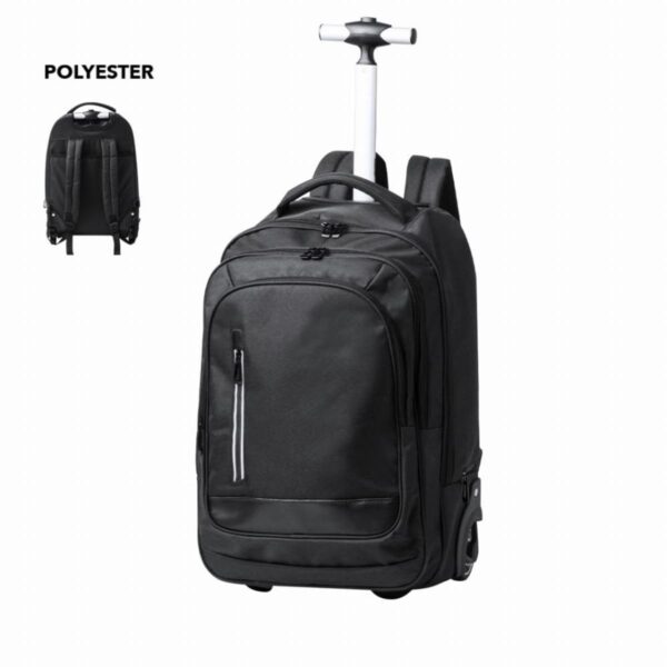 Black polyester trolley backpack with a handle and multiple compartments.
