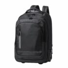 Black wheeled backpack with multiple compartments, front zipper pocket, and padded straps.