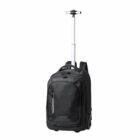 Black rolling backpack with extendable handle and multiple compartments.