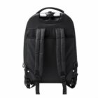Black wheeled backpack with padded shoulder straps and handle, on white background.