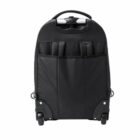 Black rolling backpack with a handle and multiple front pockets, shown from the back.