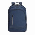 A blue backpack with multiple zippered compartments.