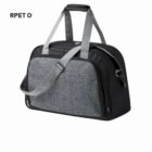 Black and gray duffel bag with a gray handle and shoulder strap.