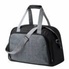 A black and gray duffle bag with a front pocket and gray straps.