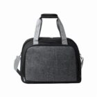 Gray and black duffel bag with dual handles and front zipper pocket, against a white background.