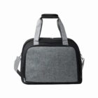 Gray and black duffel bag with twin handles and front pocket, on a white background.