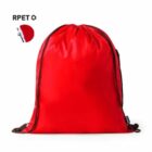Red drawstring backpack with RPET recycling symbol on a white background.