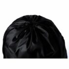 Black drawstring bag with a gathered top on a white background.
