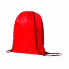 A red drawstring backpack with black strings on a white background.