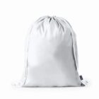White drawstring backpack on a plain background.