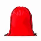 Red drawstring backpack with black cords on a white background.