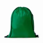 Green drawstring backpack with black strings, on a white background.