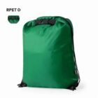 Green foldable drawstring backpack with black straps, made from recycled materials.