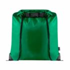 Green drawstring backpack with black straps and a secured top flap.