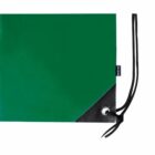 Green rectangular tarp with black corner reinforcements and attached black cords.