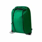 Green drawstring backpack with black strings on a white background.