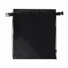 Black drawstring backpack with buckle closure on a white background.