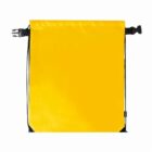 A yellow drawstring bag with black straps and clips.