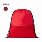 Red drawstring backpack with a mesh pocket and RPET logo.