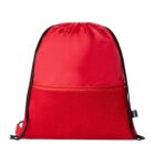 Red drawstring backpack with black strings and a front zipper pocket.