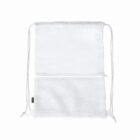 White drawstring bag with mesh zip pocket at the bottom.