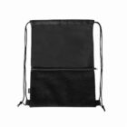 Black drawstring backpack with mesh front pocket and zipper.