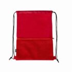 Red drawstring bag with a front zipper pocket and black strings.