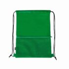 Green drawstring bag with mesh front pocket and black cords.
