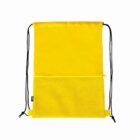 Yellow drawstring backpack with a front mesh pocket and black cords.