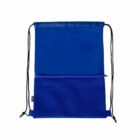 Blue drawstring backpack with a mesh pocket in the front.
