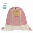 Pink and cream recycled cotton drawstring bag with a recycled label tag.