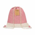 Red and beige drawstring bag with a recycled cotton label.