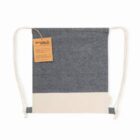 Gray and white drawstring backpack with a brown tag attached.