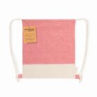 Red and white drawstring bag with a recycled cotton tag attached.