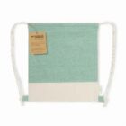 Green and beige drawstring bag with a recycled label attached.