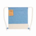 Blue and beige drawstring backpack with a recycled materials tag.