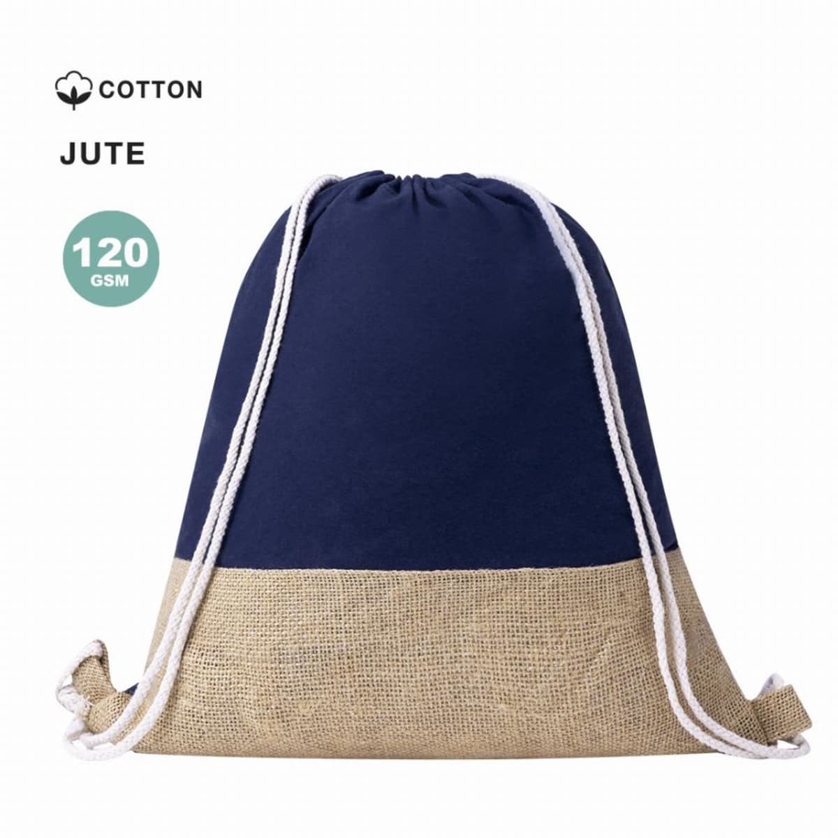 Blue and beige jute drawstring backpack with white strings, labeled 120 GSM.