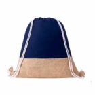Blue and burlap drawstring backpack against a white background.