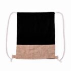 Black and burlap drawstring backpack with white straps.