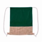 Green drawstring backpack with a beige bottom section.