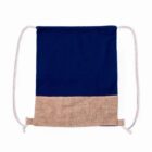 Blue and burlap drawstring bag with white straps.