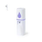 White spray bottle with a purple droplet design, standing upright.
